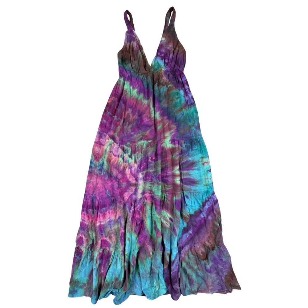 Seaspice Womens Maxi Dress Tie Dye Tiered Peruvian Cotton Boho Purple Blue Large
